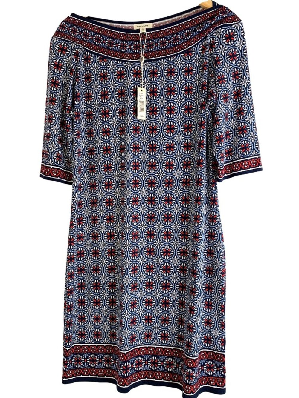 NWT Max Studio Mosaic Print Knee Dress Lightweight Travel XL Jersey 3/4 Sleeve - Picture 3 of 12